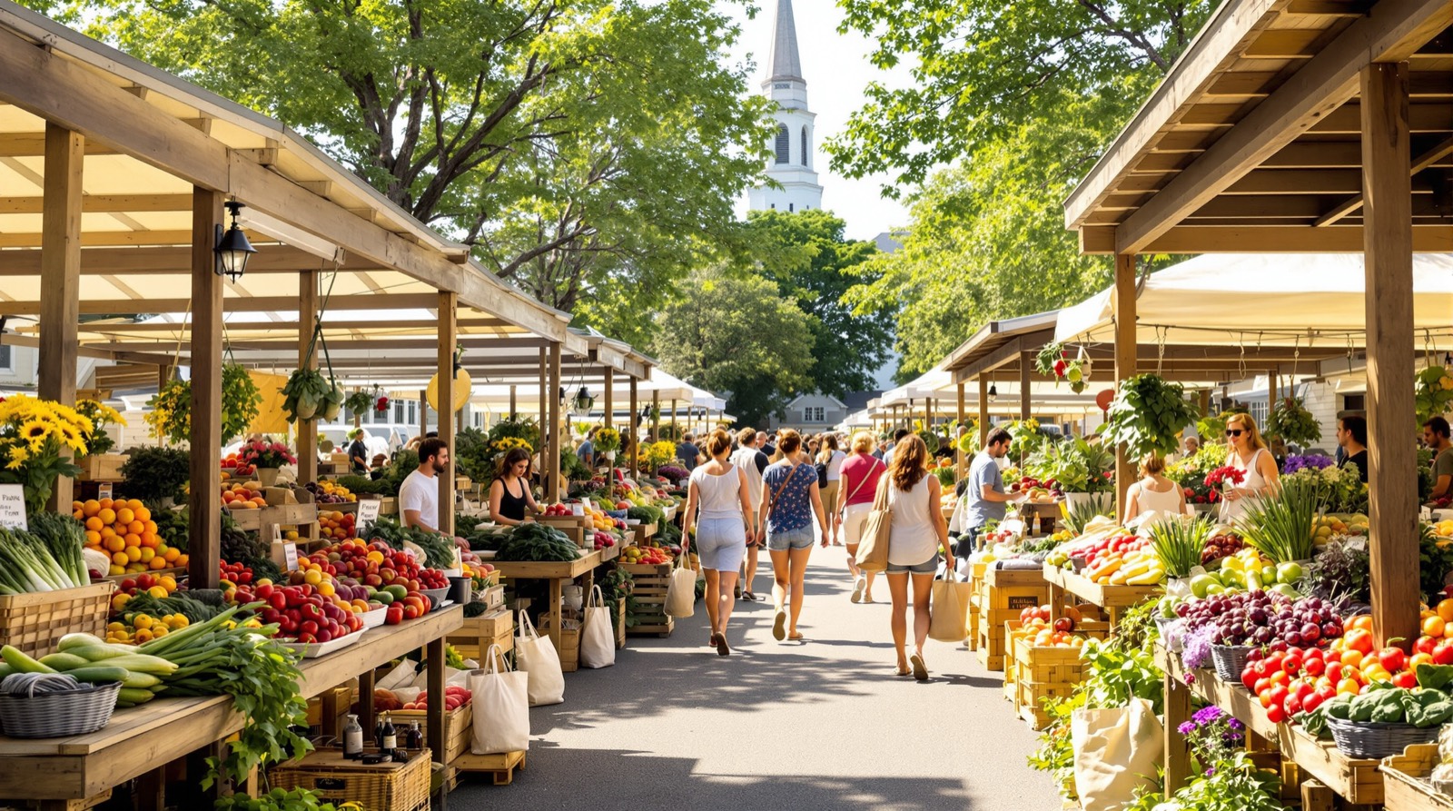 Farmers market on a village green in Peterborough New Hampshire