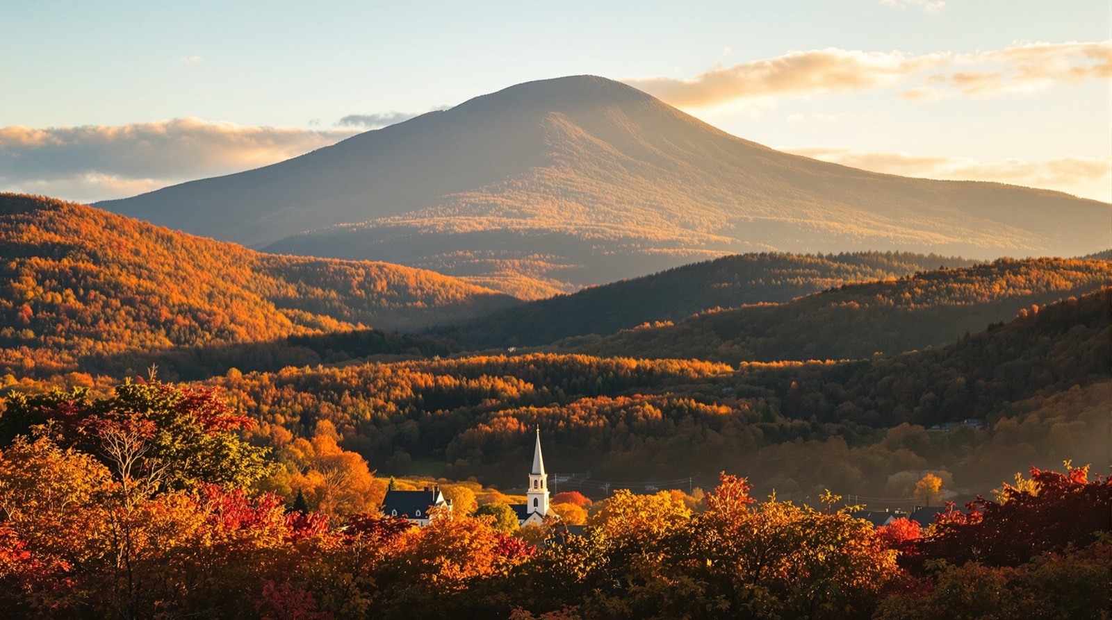 Mount Monadnock rising above a New Hampshire village in autumn